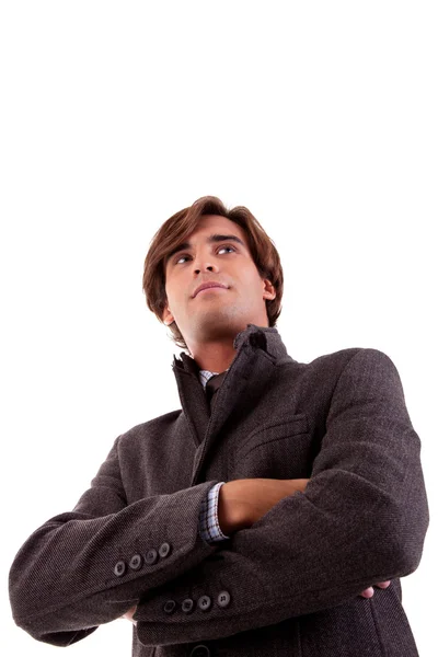 Retrato de um jovem empresário, em roupas de outono e inverno, isolado em branco. Estúdio — Fotografia de Stock