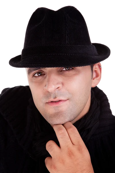 Retrato de un hombre con su sombrero negro, aislado en blanco. Captura de estudio — Foto de Stock
