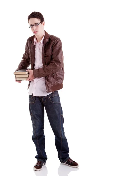 若く、ハンサムな若い男が、白い背景で隔離の手の本。スタジオ撮影 — ストック写真