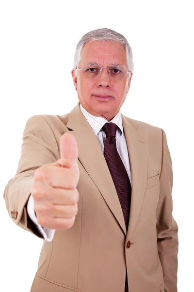 Geschäftsmann mit erhobenem Daumen als Zeichen des Erfolgs, isoliert auf weißem Hintergrund. Studioaufnahme — Stockfoto