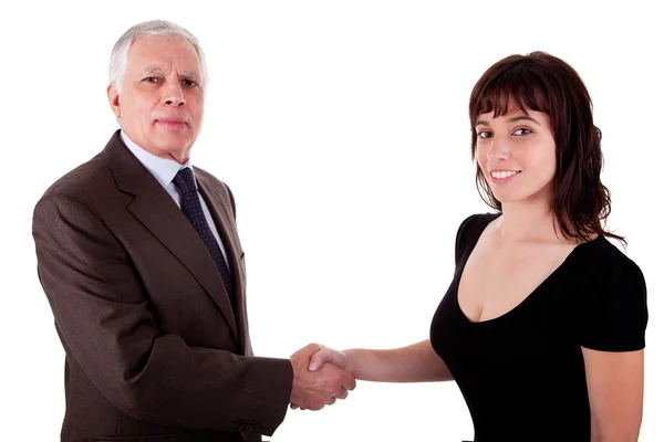 Business man handshake a business woman, isolated on white, studio shot — Stock Photo, Image