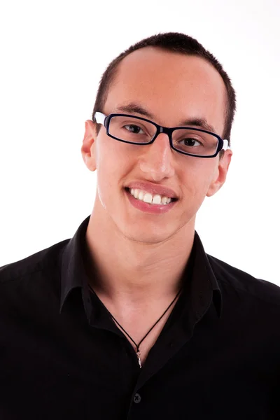Ritratto di un giovane che sorride con gli occhiali, su sfondo bianco. Studio girato — Foto Stock