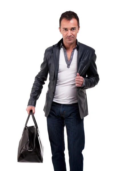 Portrait of a mature man with a handbag, isolated on white. Studio shot — Stock Photo, Image