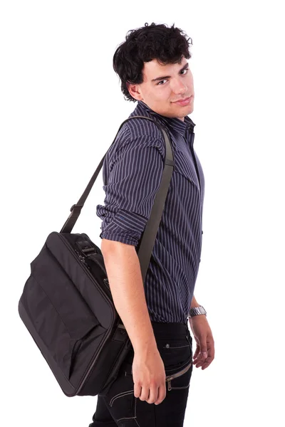 Πορτρέτο ενός νεαρού άνδρα με μια τσάντα, απομονωμένα σε λευκό. Studio που γυρίστηκε — Φωτογραφία Αρχείου
