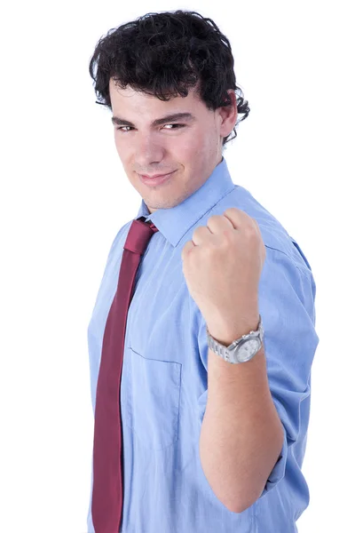 Portrait of a very happy businessman with his arm raised, on white background. Studio shot — Stock Photo, Image