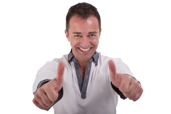 Handsome businessman with thumbs raised as a sign of success — Stock Photo, Image