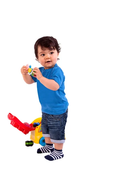 Schönes und glückliches Baby beim Spielen, auf weißem Hintergrund, Studioaufnahme — Stockfoto