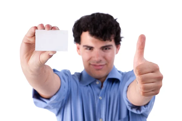 Młody biznesmen z kciuk podniesiony jako znak sukcesu, a firma puste karty w ręku, na białym tle na białym tle. łapka — Zdjęcie stockowe