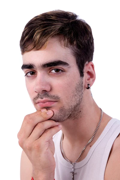 Retrato de un joven guapo pensando, sobre fondo blanco. Captura de estudio —  Fotos de Stock