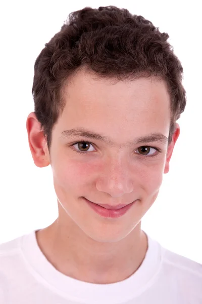 Cute boy, smiling, isolated on white, studio shot — Stock Photo, Image