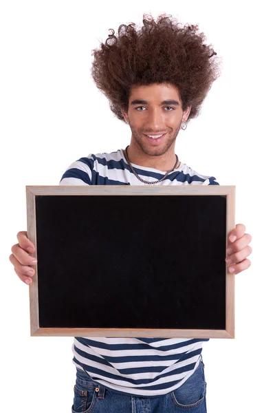 Feliz e bonito homem segurando uma placa preta, isolado em branco, estúdio tiro — Fotografia de Stock
