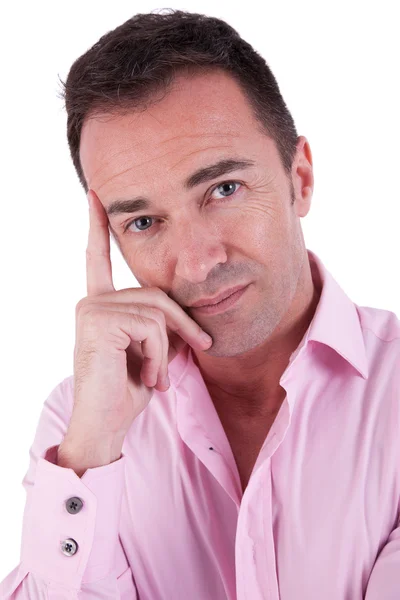Portrait of a handsome middle-age man thinking, on white background. Studio shot — Stock Photo, Image