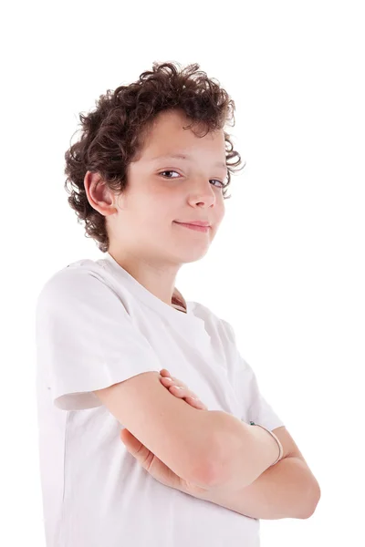 Sevimli bir çocuk, gülümsüyor, beyaz arka planda soyutlanmış. Stüdyo çekimi — Stok fotoğraf