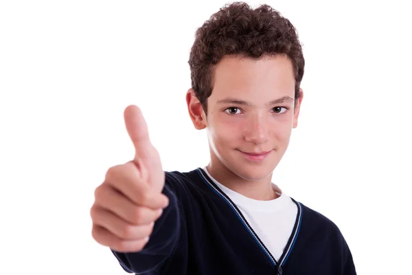 Happy young man with thumb up, isolated on white background, studio session — Stock Photo, Image
