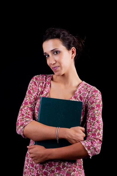 Beautiful woman, with documents, isolated on black studio shot — Stock Photo, Image