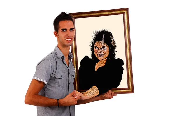 Man holding a picture of his loved, that comes to life and gives him a hand, isolated on white, studio shot — Stock Photo, Image