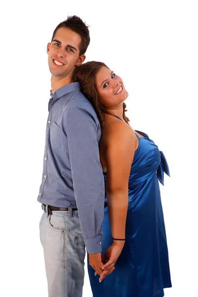 Feliz pareja espalda con espalda, y aislado fondo blanco — Foto de Stock