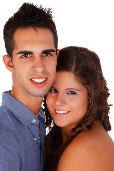 Uma beleza e feliz casal bonito, isolado no branco, estúdio tiro — Fotografia de Stock