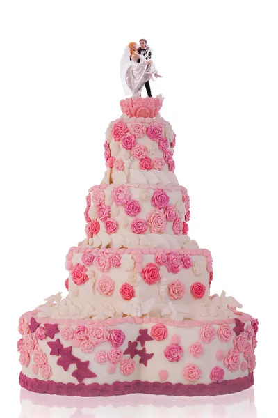 아름 다운 웨딩 케이크, 분홍색 장미와. 흰색 배경에 고립 스톡 사진