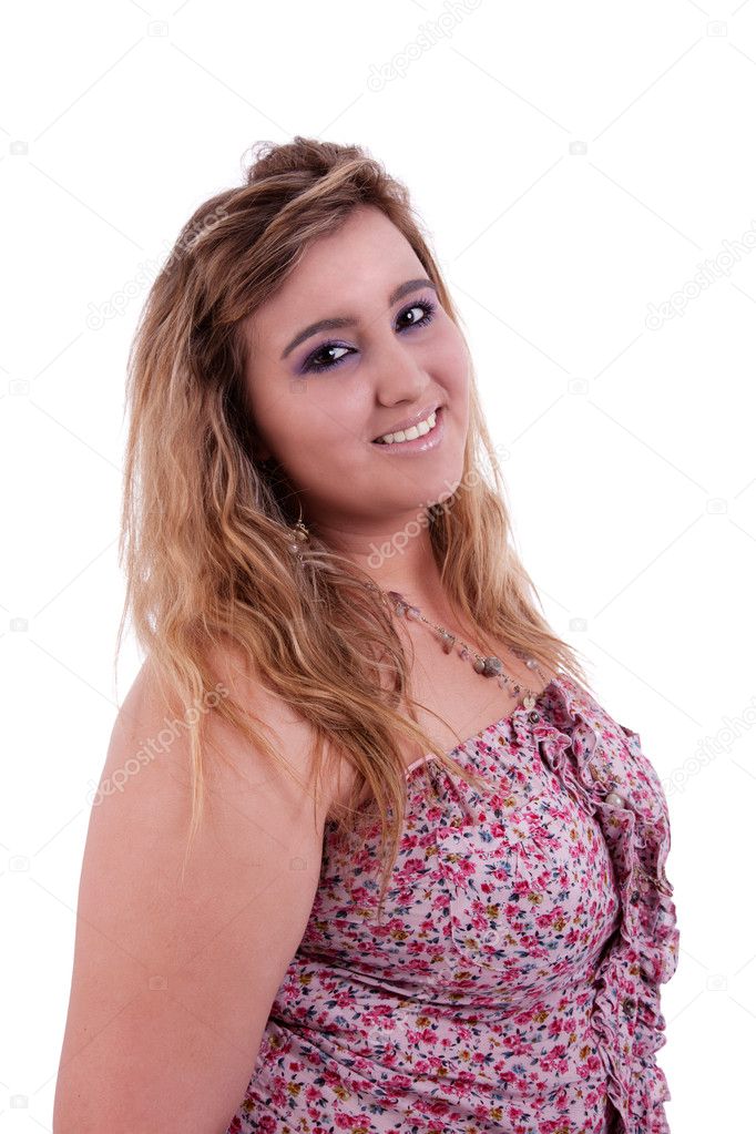 Beautiful and large young woman smiling , isolated on white, studio shot