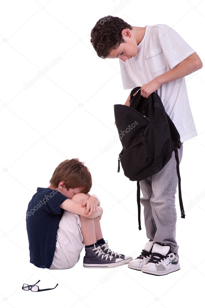 Children suffering from bullying by a teen, isolated on white, studio shot