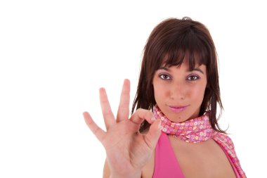 başparmak ile genç güzel kadın, başarı, beyaz zemin üzerine izole işareti olarak ok. Stüdyo vurdu.