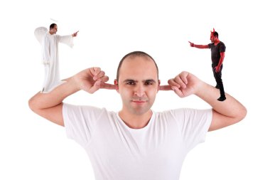 Man holding fingers in his ears, not listening, discussion between the devil and angel, on white clipart