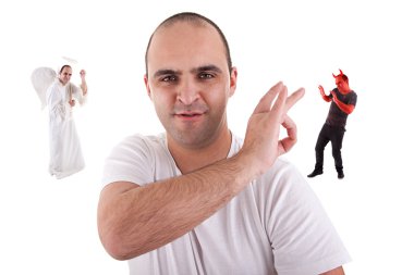 Young man with a finger removing the devin, from is on the shoulder, angel won, isolated on white clipart