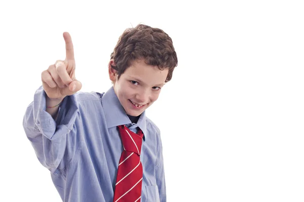 Kleine zakenman, het verhogen van zijn hand met een vinger in de lucht — Stockfoto