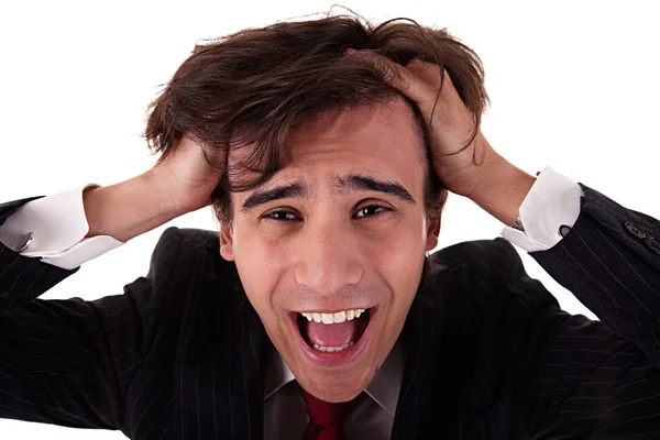 Strongly afflicted young businessman keeps hands for head — Stock Photo, Image
