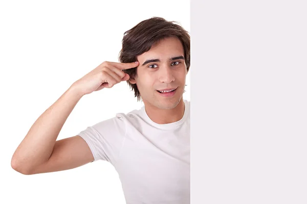 Young man holding a blank billboard,gesturing have an ideia — Stock Photo, Image