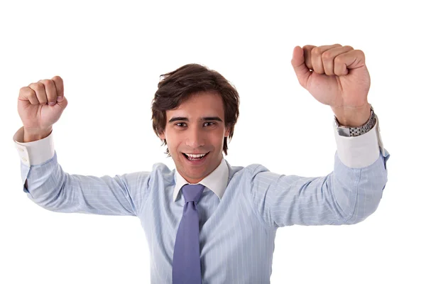 彼の腕を上げると非常に幸せなビジネスマンの肖像画 — ストック写真