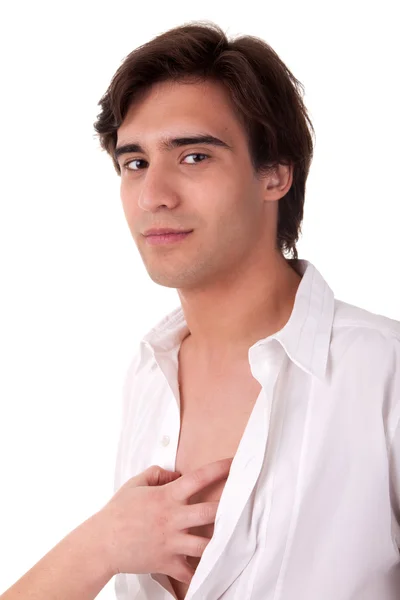 Mano de una mujer dentro de la camisa de un joven hombre de negocios guapo —  Fotos de Stock