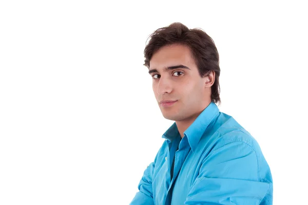 Hombre guapo, con camisa azul, aislado sobre fondo blanco. Captura de estudio — Foto de Stock