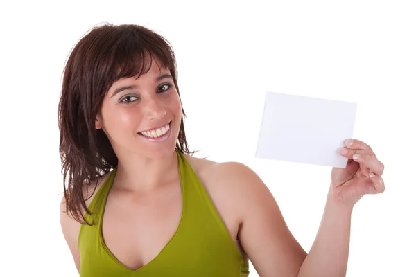 흰색 배경에 고립 손에 빈 비즈니스 카드와 아름 다운 여자 사람. 스튜디오 촬영. — 스톡 사진