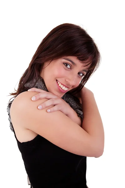 Hermosa mujer, sonriente y abrazadora, aislada sobre fondo blanco. Captura de estudio —  Fotos de Stock