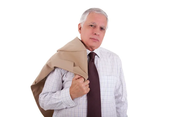 Portrait of a handsome mature businessman, holding the coat, on white background, studio shot — Stock Photo, Image