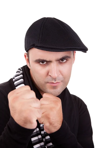 Kızgın adam beyaz, stüdyo çekim izole yumruk yumruk — Stok fotoğraf
