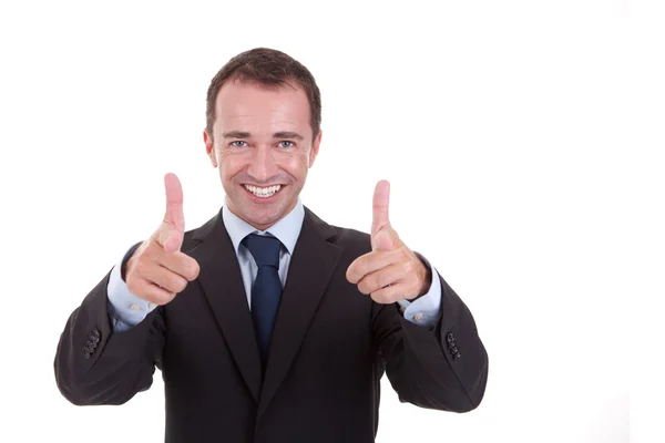 Young businessman with thumb raised as a sign of success, isolated on white background. studio shot — Stock Photo, Image