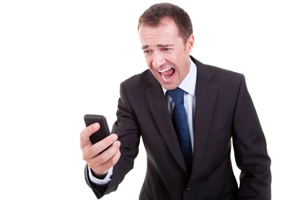 Empresário sreaming no telefone, isolado no fundo branco — Fotografia de Stock