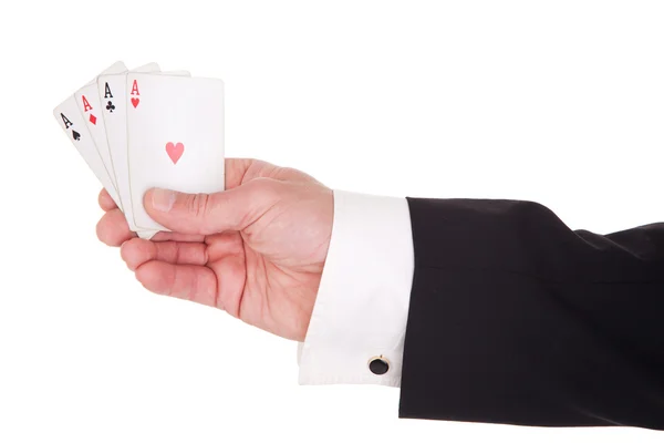 Man's hand with four aces, isolated on white background, studio shot — Stock Photo, Image