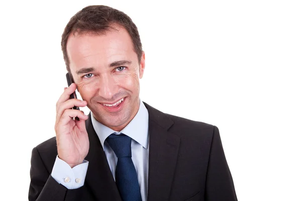 白い背景で隔離の携帯電話上のビジネスマン — ストック写真