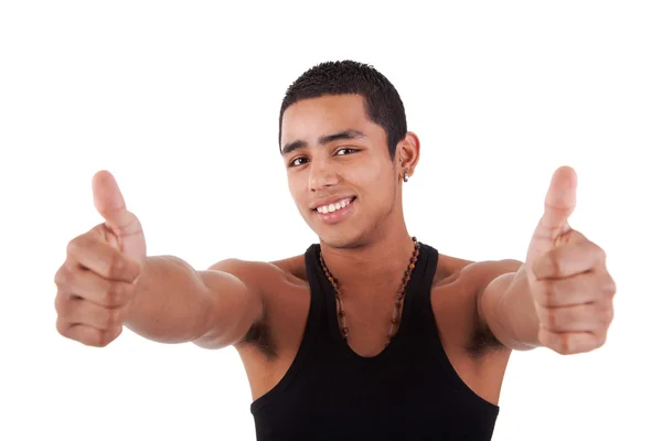 拉丁美洲年轻人用大拇指提出作为标志的确定，孤立在白色背景上。工作室拍摄 — 图库照片