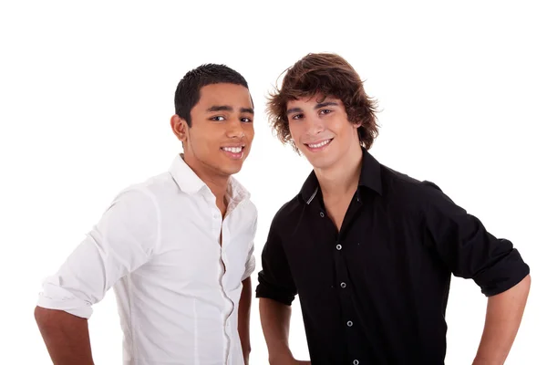 친구: 두 젊은이 다양 한 색상의 카메라를 보고 하 고 웃 고, 백색, 스튜디오 촬영에 고립 된 — 스톡 사진