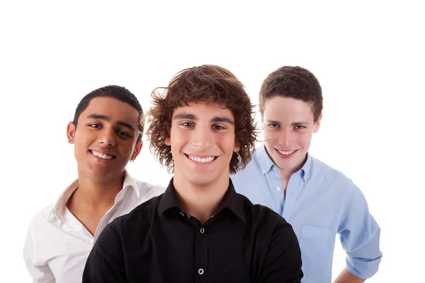 一个男孩和两个朋友在背，不同的颜色，相机期待和微笑，孤立上白色，工作室射击 — 图库照片