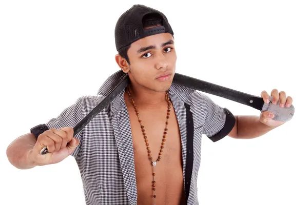 Young and handsome latin man, with a belt - as a bad boy isolated on white, studio shot — Stock Photo, Image
