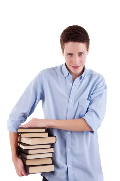 Menino jovem e bonito, com livros nas mãos, isolado em fundo branco. Estúdio — Fotografia de Stock