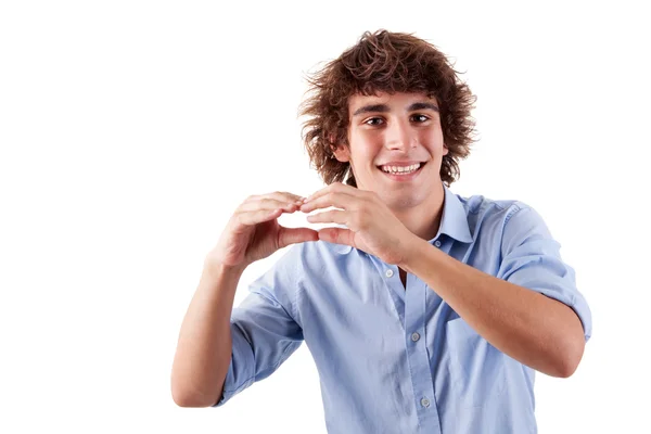 Cute boy, smiling and putting hands like if was eating an hamburger, isolated on white, studio shot — Stock Photo, Image