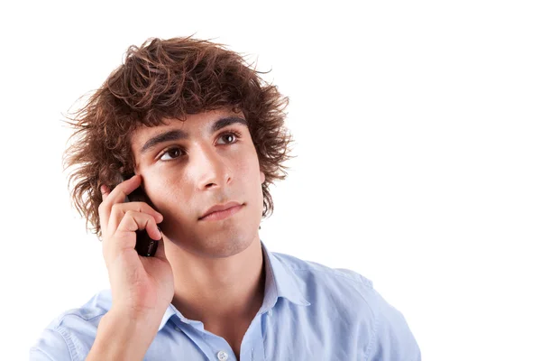 年轻男子的电话，在白色背景上孤立 — 图库照片