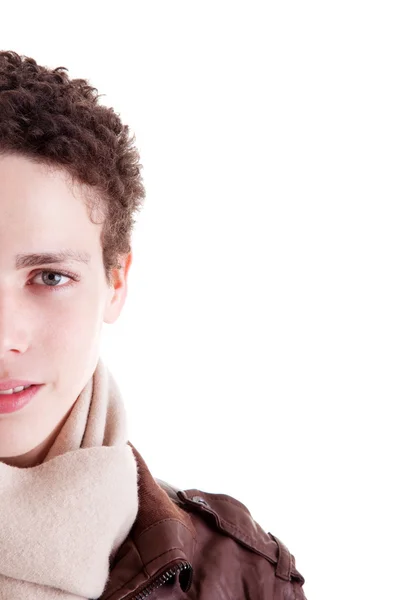 Half face of portrait of a handsome young man,with winter clothes, on white background. Studio shot — Stock Photo, Image